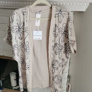 NWT Valentina Naldi Italian Linen Embroidered Beige Floral Kimono Tunic Size L